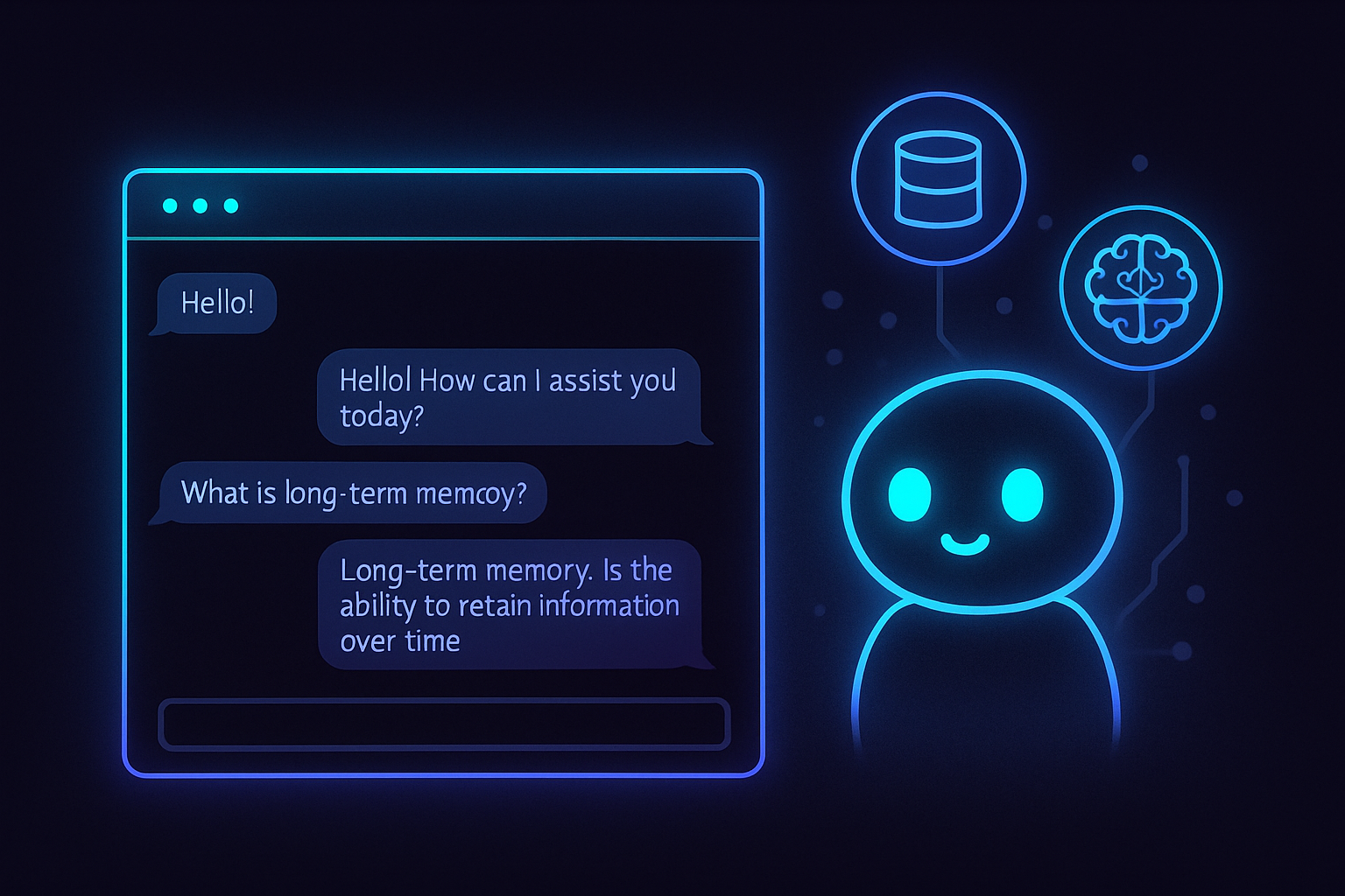 Illustration of an AI chatbot in a terminal with memory recall features